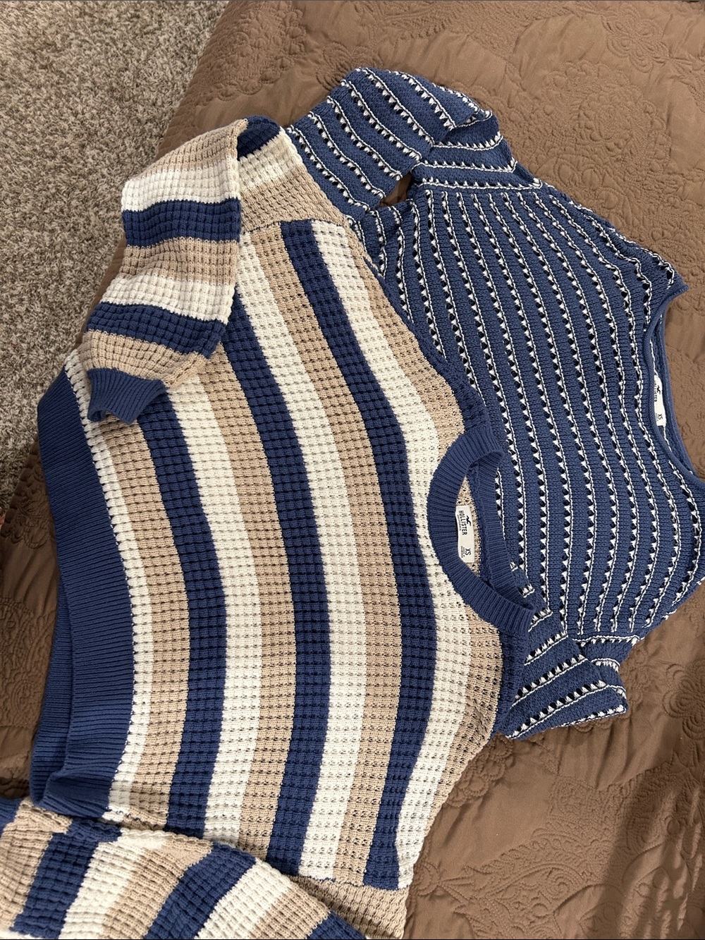 Set of 2 Hollister Cropped Blue and Cream Striped Women's Sweaters- Classic Knit